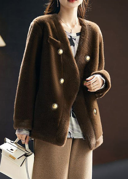 French Coffee V Neck Button Leather and Fur Coats Long Sleeve