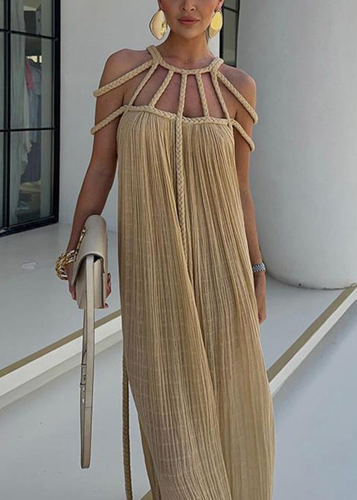 Khaki Wrinkled Cable Hollow Out Cotton Long Dress Sleeveless