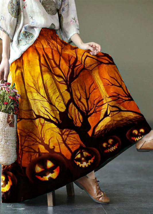 Brown-tree Print Ramie Elastic Waist Skirt