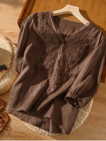 Embroidered V Neck 3/4 Sleeve Linen Tee Top