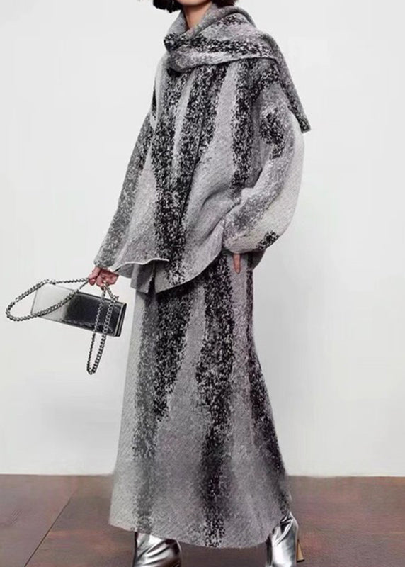 Natural Grey Print Wool Cardigan ,scarf and Maxi Skirts Three Piece Set Spring