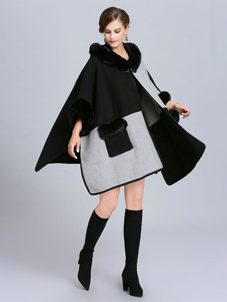 Poncho Cape Faux Fur Hooded Plaid Cape Coat
