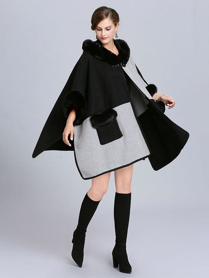 Poncho Cape Faux Fur Hooded Plaid Cape Coat