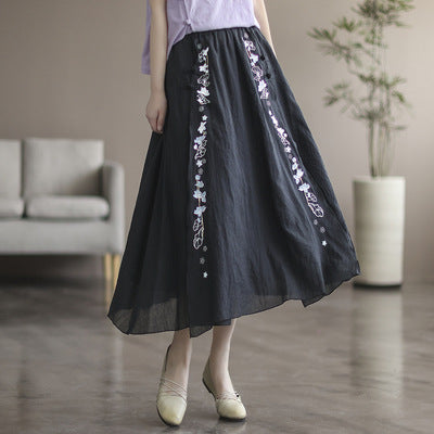 Double Cotton Linen Embroidered Buckle A-line Skirt