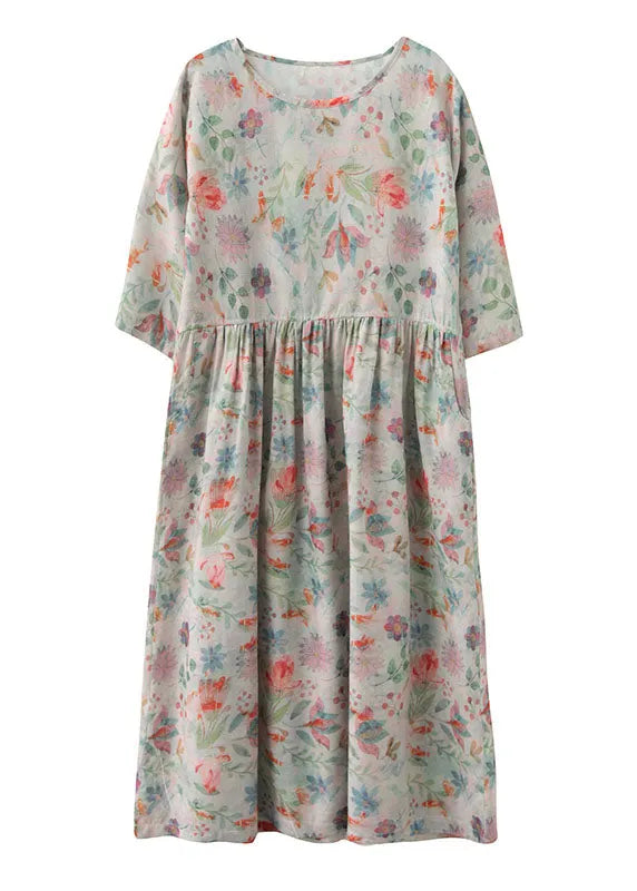 Wrinkled Print Exra Large Hem Linen Long Dress Three Quarter Sleeve
