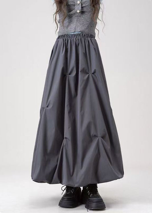 Grey Wrinkled Elastic Waist Cotton Skirts Fall