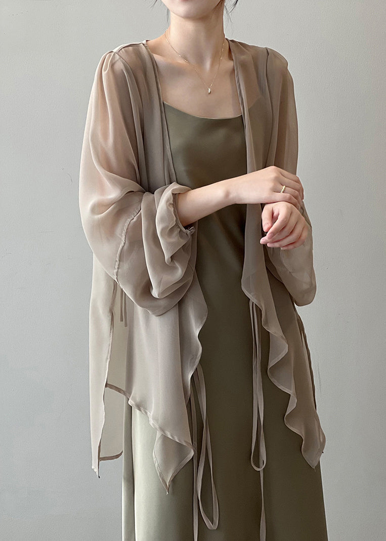 Khaki Chiffon Cardigan Lace Up Long Sleeve