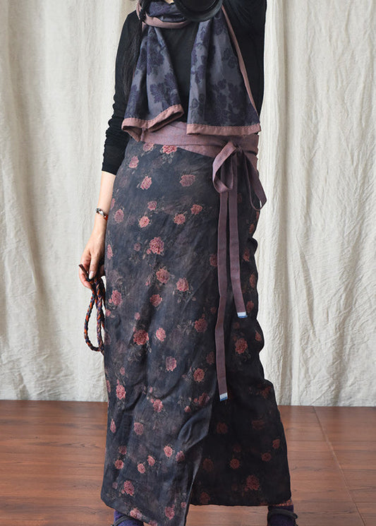 Spring Style Black Printed Linen One-piece Lace Up Skirt