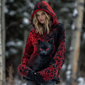 Women's Tribal Black Cat Gradient Art Chunky Knit Hooded Sweater artswardrobe