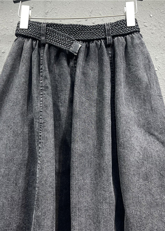 Black Gray Elastic Waist Pleated Pocket Denim Skirt Autumn