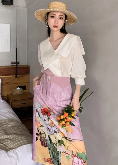 Original Design Sailor Collar Asymmetrical Design Print Silk Tops and Skirts Two-piece Set Summer