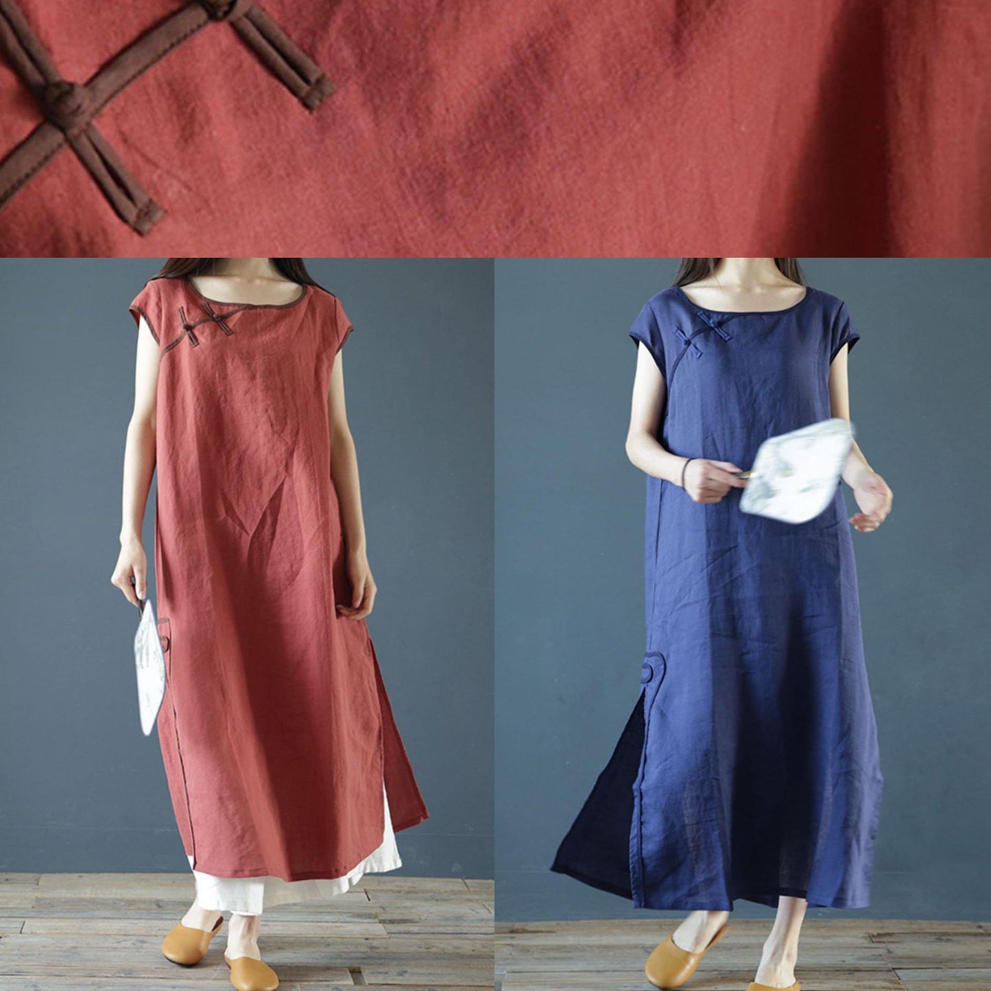 O Neck Side Open Linen Summer Clothes for Work Outfits Rose Dresses