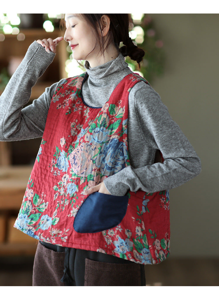 -print Cotton and Linen Quilted Vest