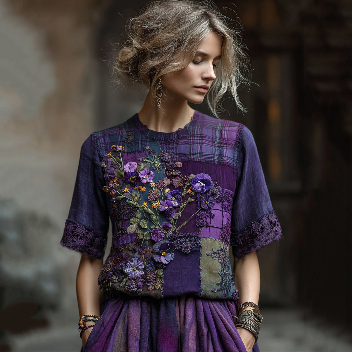 Women's Embroidered Pansy Floral Patchwork Check Short Sleeve T-shirt elevenforest