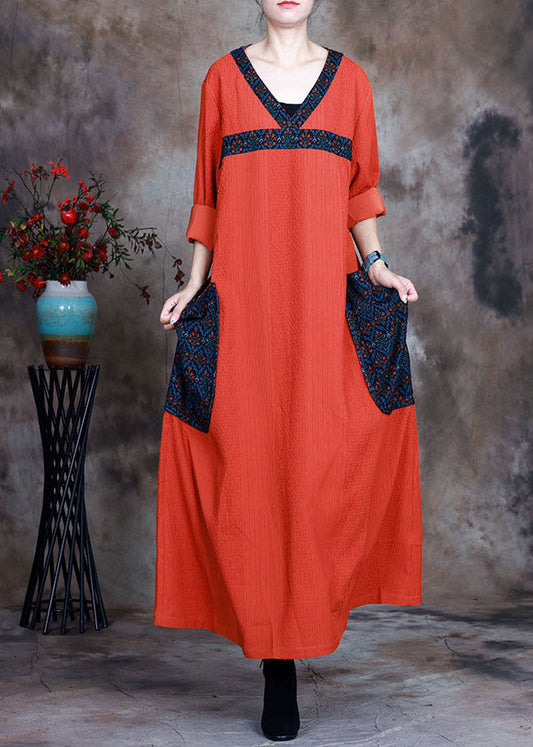 Orange V Neck Pockets Print Fall Long Sleeve Dresses