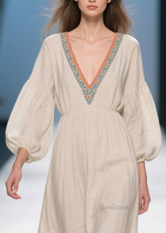 White V Neck Patchwork Linen Ankle Dress Bracelet Sleeve