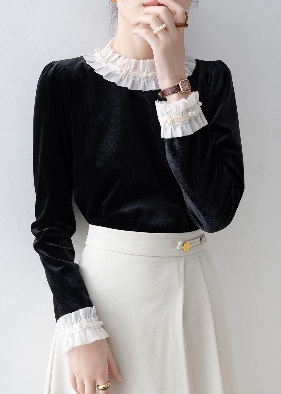 Black Ruffled Patchwork Silk Velour Shirt Top Spring