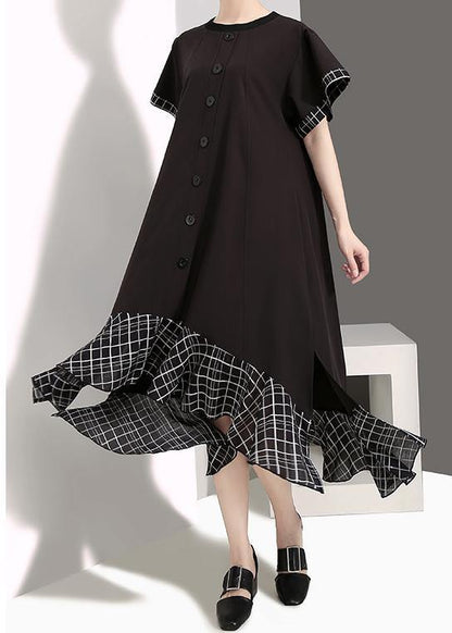 Loose Cotton Quilting Clothes Plaid Splided Loose Flare Sleeve Dress