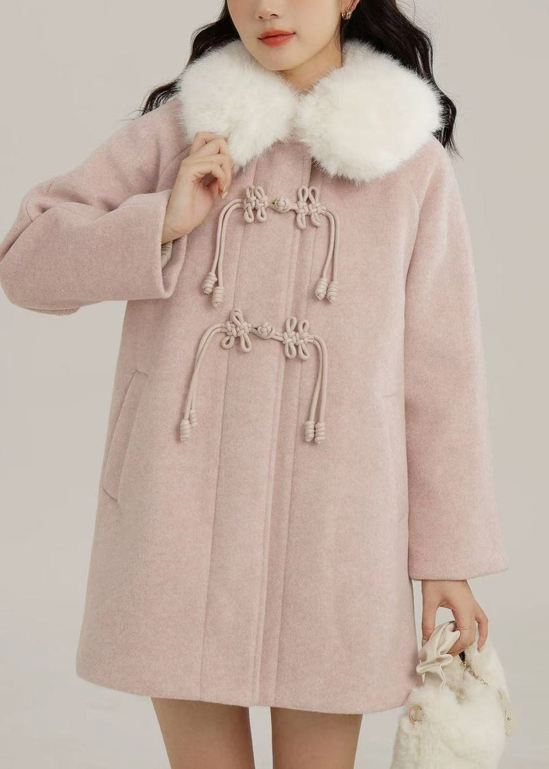 Pink Fur Collar Chinese Button Woolen Coats Winter