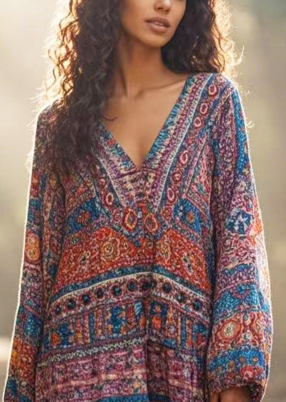 V Neck Print Cotton Ankle Dress Spring