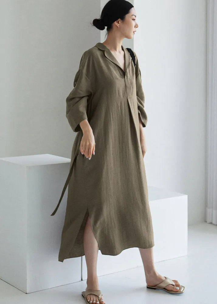 Grey Peter Pan Collar Pockets Asymmetrical Dress Long Sleeve