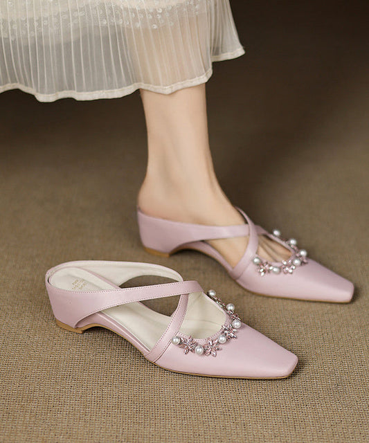 Pink Wedge Sheepskin Splicing Slide Sandals Zircon Nail Bead