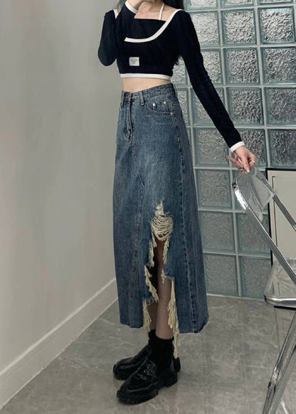 Blue Asymmetrical Pockets Patchwork High Waist a Line Skirt