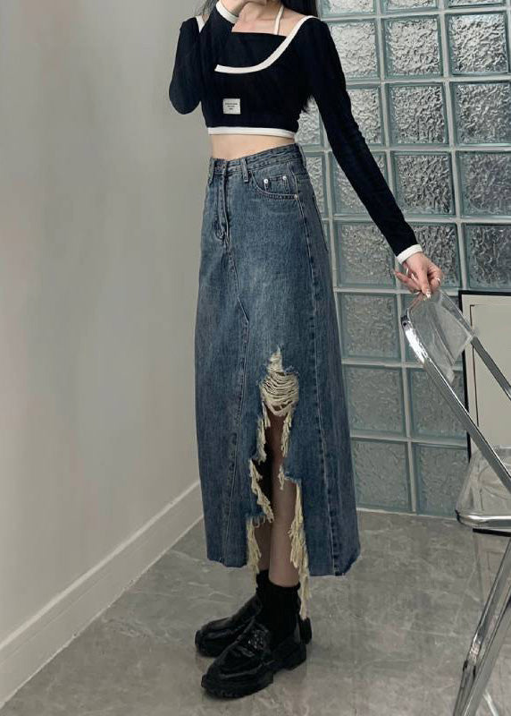 Blue Asymmetrical Pockets Patchwork High Waist a Line Skirt