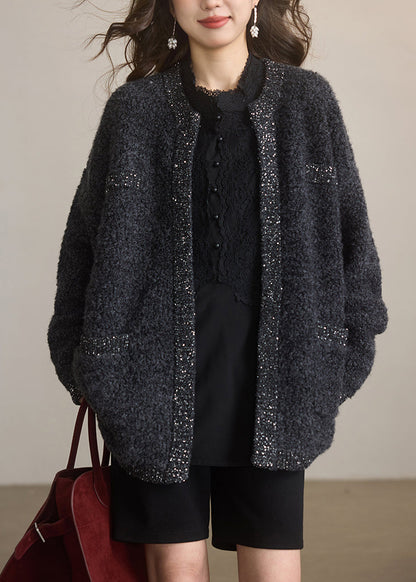 Dark Grey O Neck Sequins Woolen Cardigans Winter
