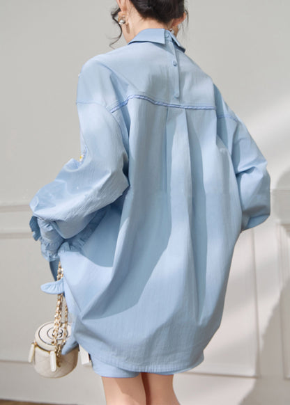Blue Ruffled Sequins Shirts and Shorts Cotton Two Pieces Set