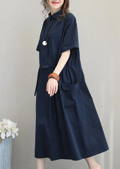 Natural Lapel Drawstring Cotton Clothes Linen Khaki Maxi Dress
