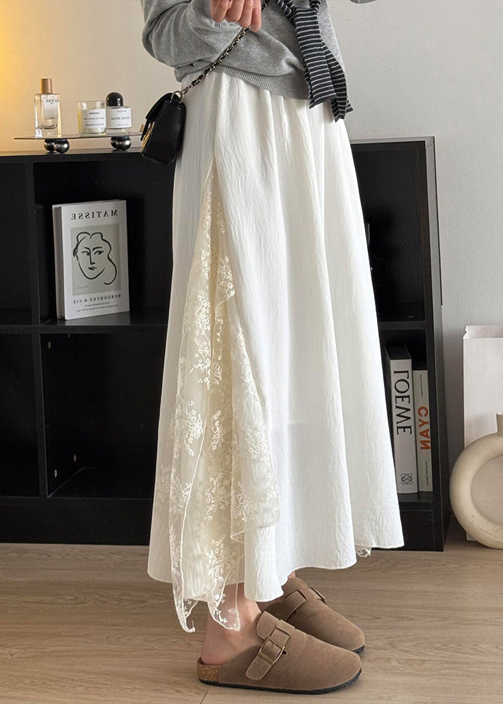 Simple White Patchwork Lace a Line Skirt Fall