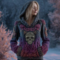 Comstylish Vintage Purple Roses Viking Celtic Skull Hooded Cozy Knit Sweater