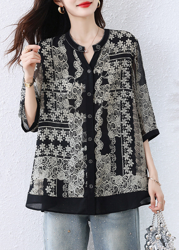 Black O-neck Print Button Shirts Fall