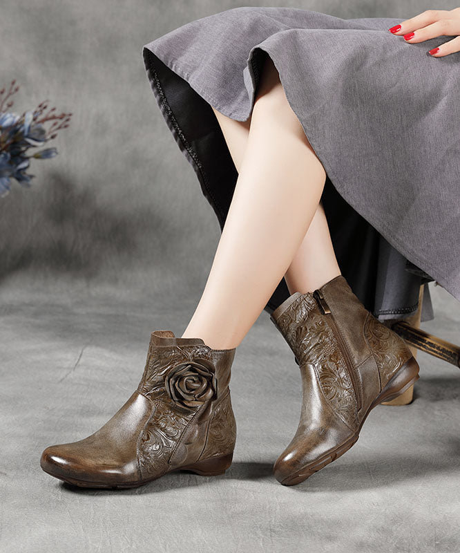 Zippered Splicing Wedge Boots Camel Cowhide Leather