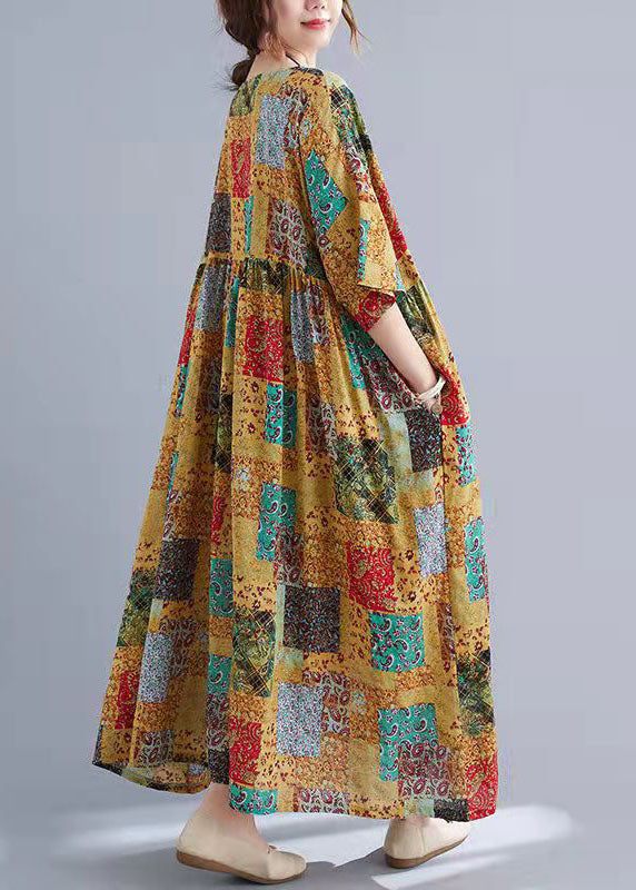 O Neck Short Sleeve Cotton Long Dresses Patchwork Color Clothing Summer Dress