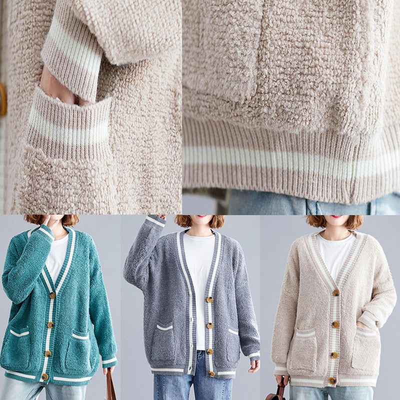 Cozy Big Pockets Gray V Neck Knitwear Clothing Fall Knitted Jackets