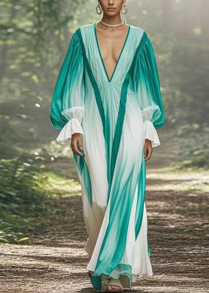 Gradient Color V Neck Original Design Chiffon Long Dresses Flare Sleeve