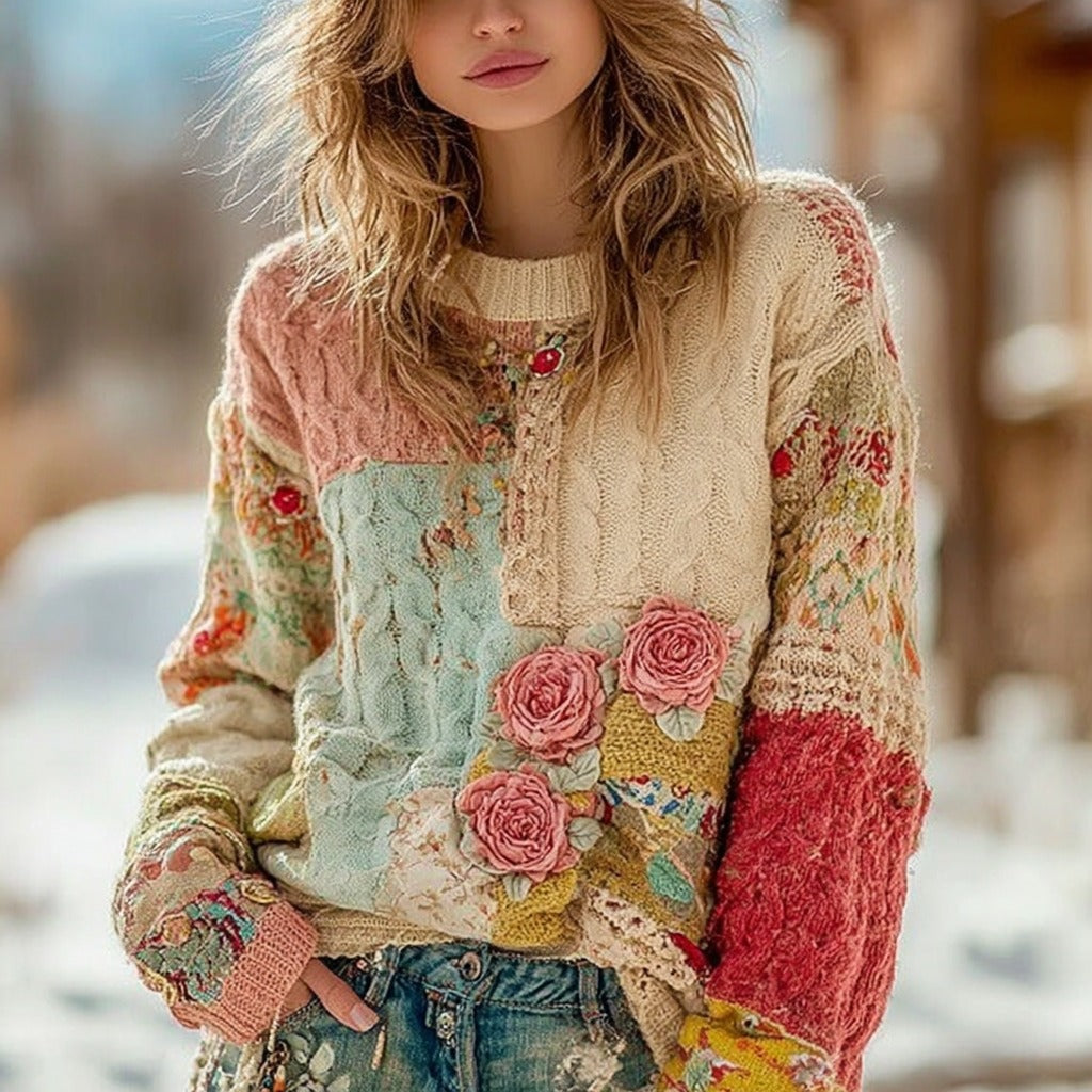 Women's Vintage Chunky Needle Rose Floral Stitching Warm Crew Neck Sweater artswardrobe