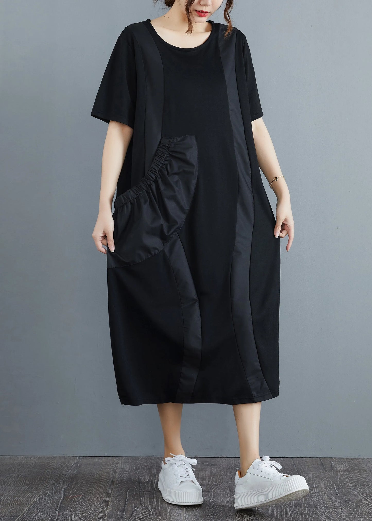 Black O-neck Big Pocket Patchwork Long Dress Short Sleeve