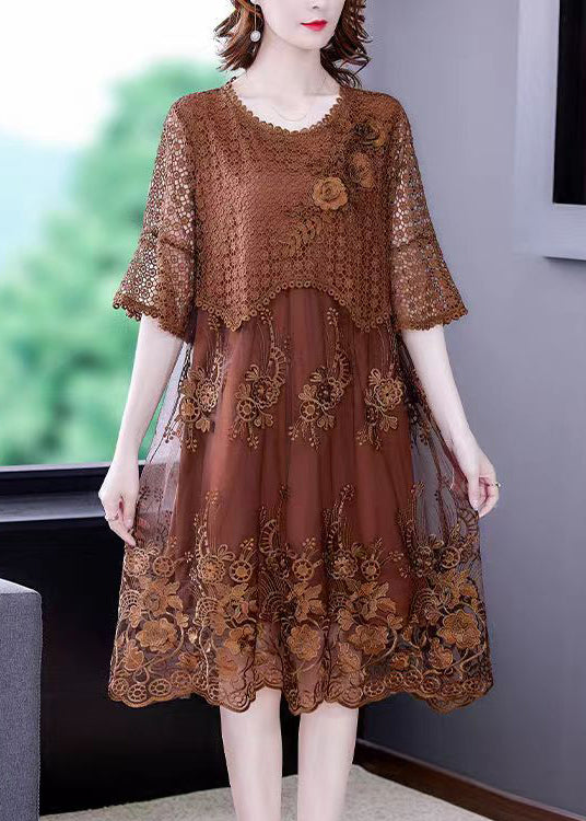 Brown O-neck Embroidered Lace Vacation Dresses Half Sleeve