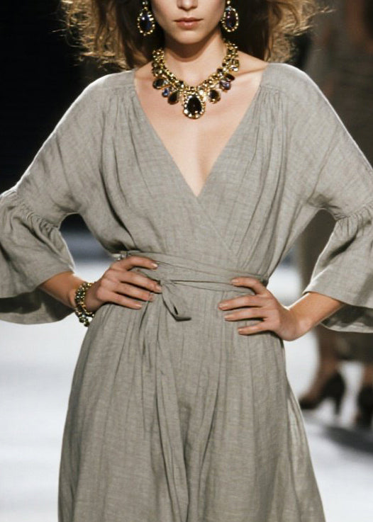 Grey Cinched Linen Robe Dresses Flare Sleeve