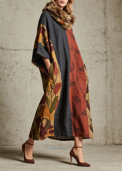 Colorblock Print Pockets Cotton Long Dress Fall