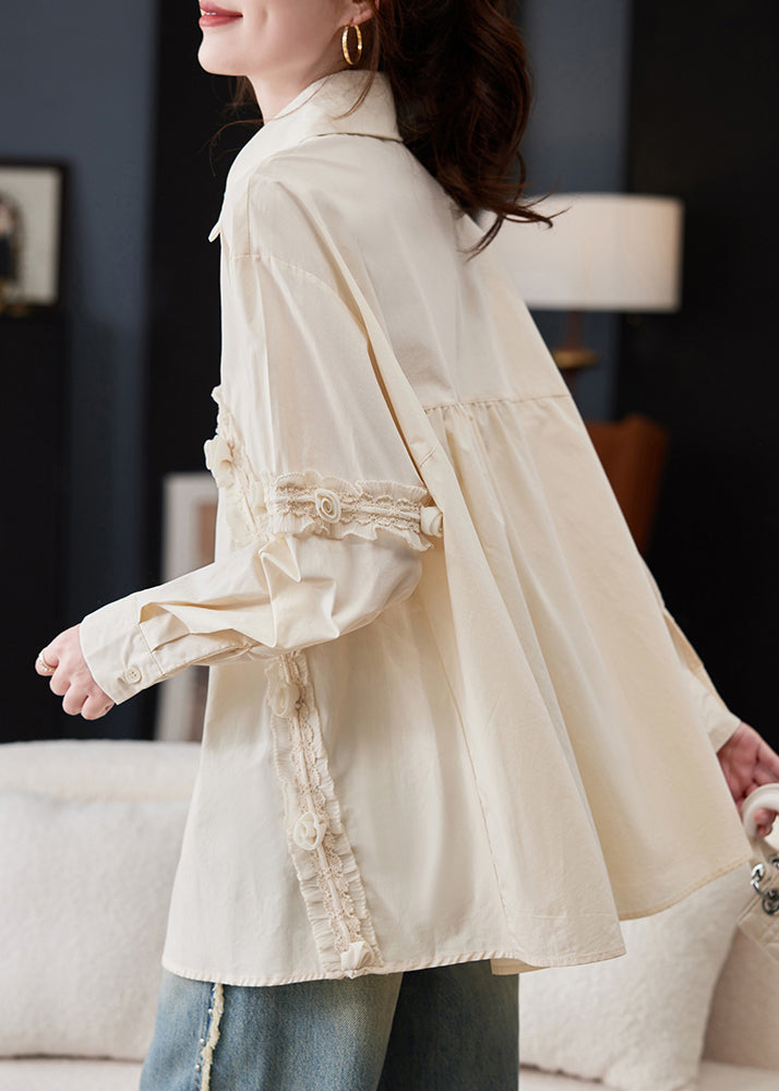 Apricot Peter Pan Collar Ruffled Patchwork Cotton Shirt Spring