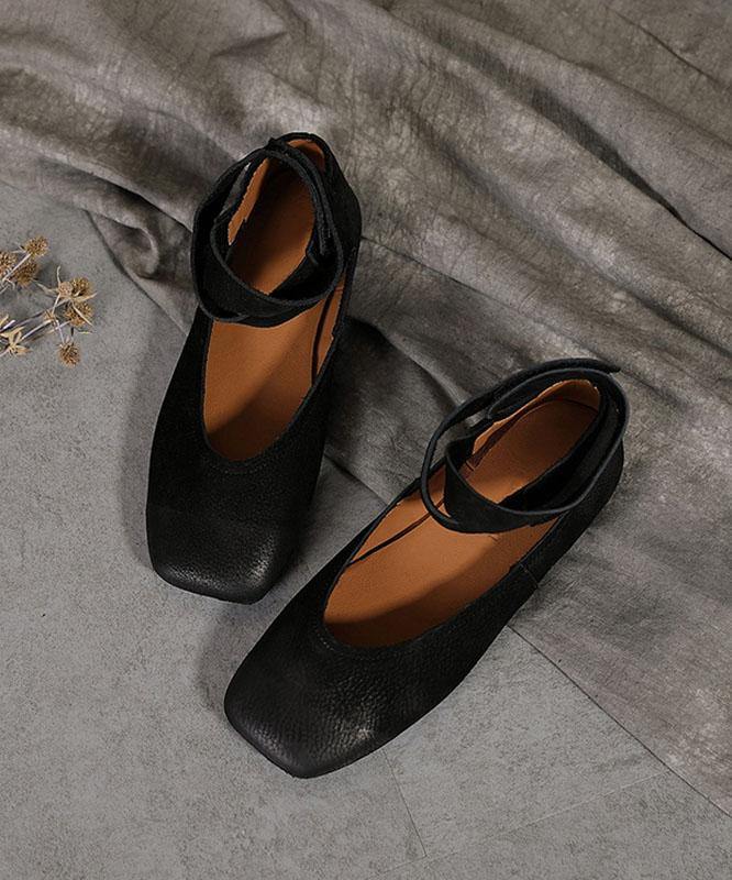 Chocolate Buckle Strap Ballet Flats Shoes Cowhide Leather