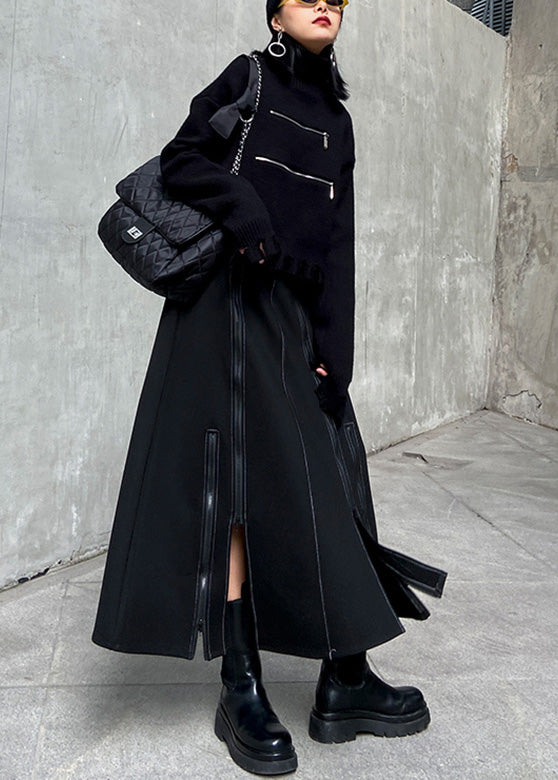 Black Elastic Waist Zippered a Line Skirt Spring