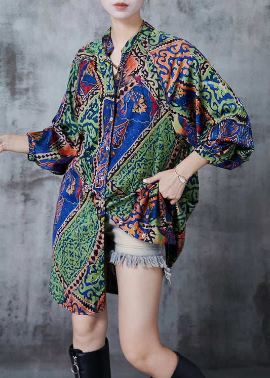 Green Print Draping Silk Tea Dress Spring