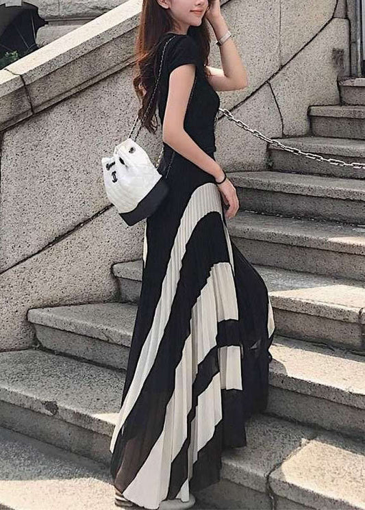 Black Wrinkled Patchwork Chiffon Skirts Spring