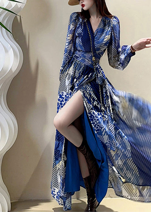 Blue V Neck Print Drawstring Maxi Dress Lantern Sleeve