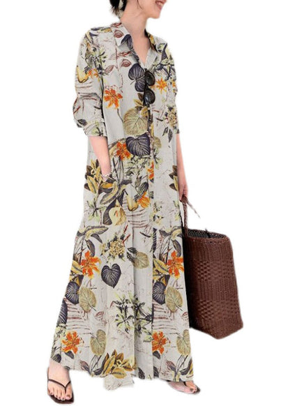 Beige Oversized Print Cotton Shirt Ankle Dress Spring